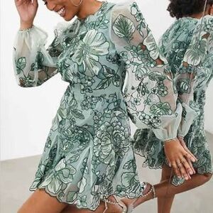 ASOS EDITION Embroidered Cutwork Detail Mini Dress Sage Green US Sz 2